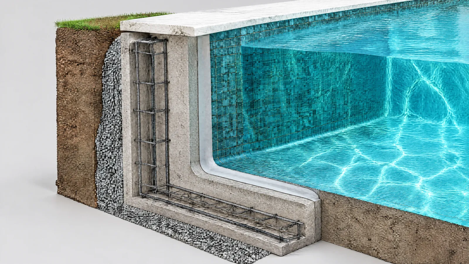Cutaway of a Solomou-style concrete pool: earth, gravel, steel cage, concrete shell, render, mosaic tiles and water